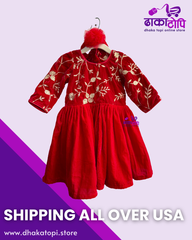 Red Velvet Baby Pasni Dress – Embroidered Long Sleeve Traditional Frock