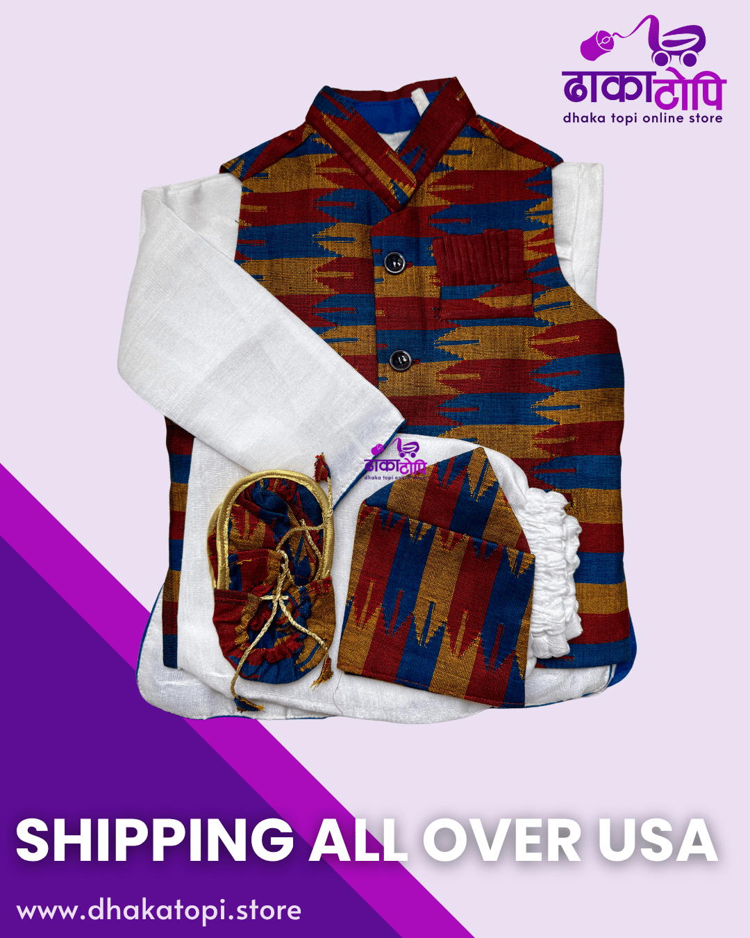 Classic Red & Blue Dhaka Baby Pasni Set – Kurta, Topi, Vest & Shoes Dhaka Topi USA