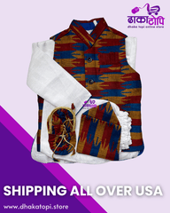 Classic Red & Blue Dhaka Baby Pasni Set – Kurta, Topi, Vest & Shoes Dhaka Topi USA