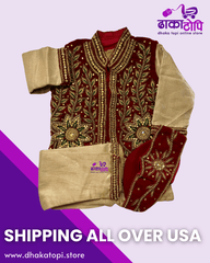 Designer Red and Gold Baby Pasni Set – Embroidered Jacket, Kurta & Topi Dhaka Topi USA