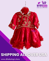 Designer Red Baby Girl Pasni Dress – Layered Embroidered Frock with Floral Details Dhaka Topi USA