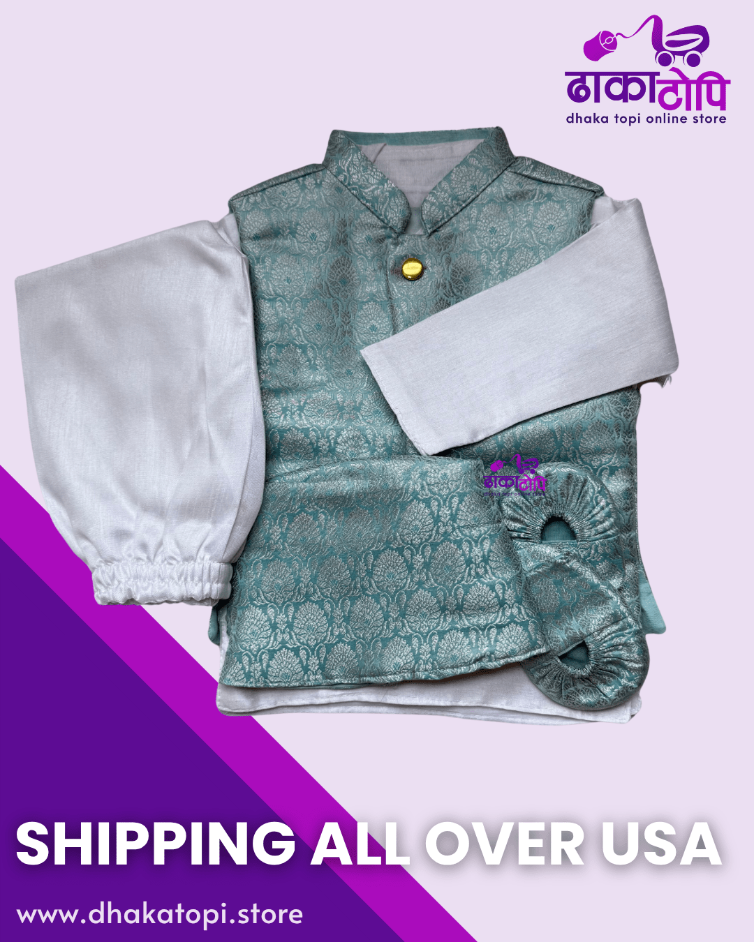 Elegant Teal Pasni Dress for Baby Boys – Brocade Vest, White Kurta & Shoes Dhaka Topi USA