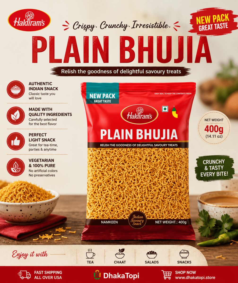 Haldiram's Plain Bhujia Namkeen – 400g | Crispy Indian Snack Mix Dhaka Topi USA