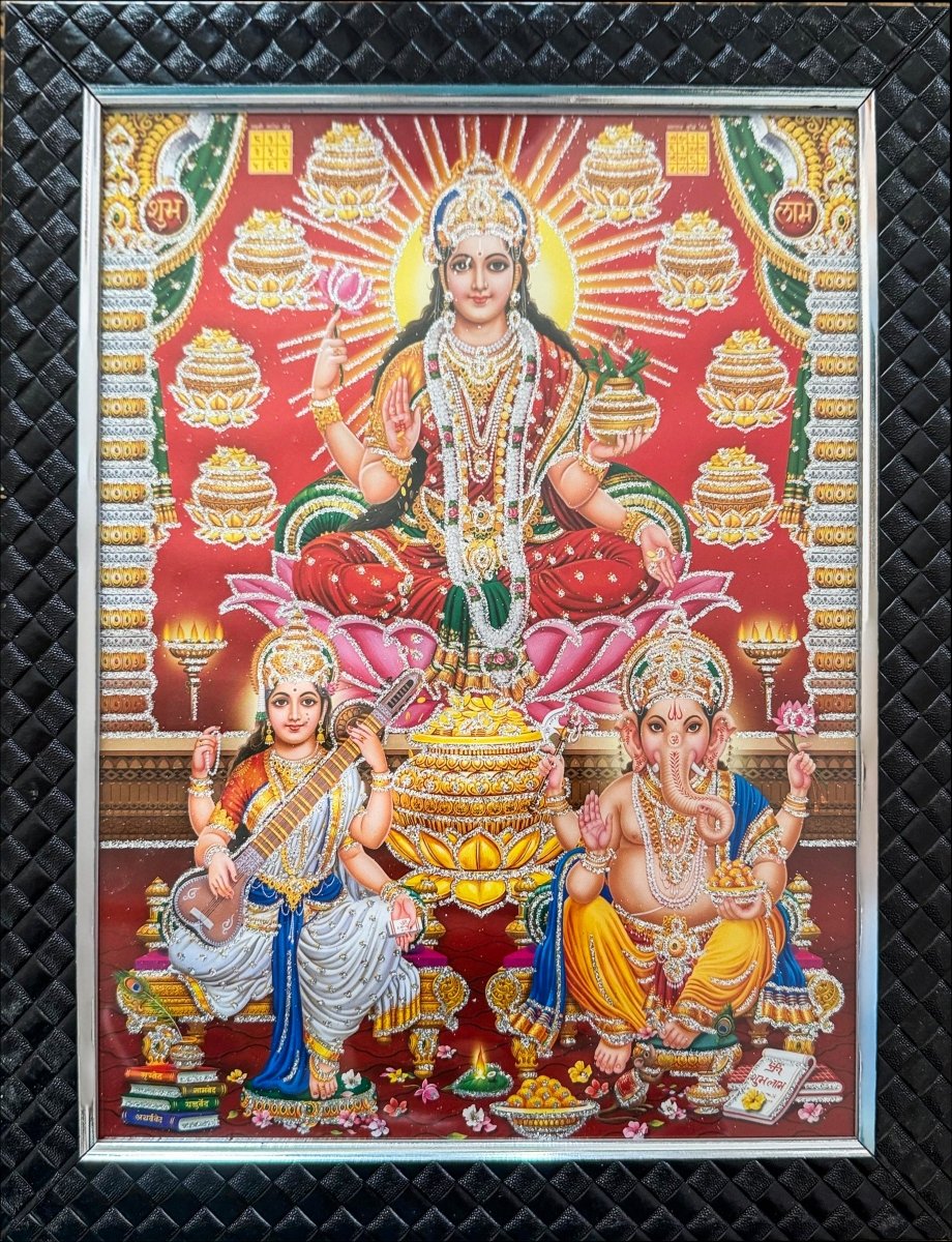 Laxmi, Saraswati & Ganesha Poster Frame | Tihar Puja Wall Frame 9 X 11 Inch Dhaka Topi USA