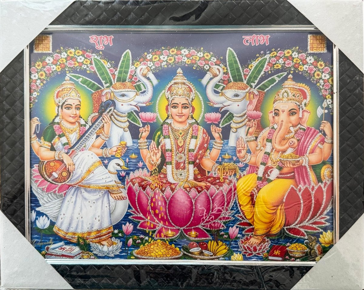 Laxmi, Saraswati & Ganesha Poster Frame | Tihar Puja Wall Frame 9 X 11 Inch Dhaka Topi USA
