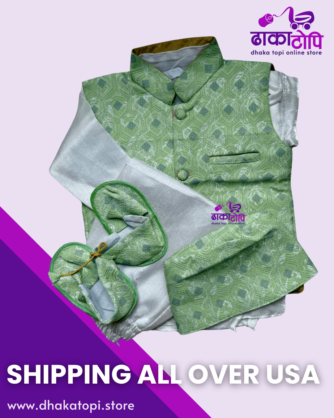 Light Green Traditional Pasni Set for Baby Boys – Kurta, Embroidered Vest & Shoes Dhaka Topi USA