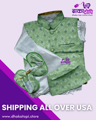 Light Green Traditional Pasni Set for Baby Boys – Kurta, Embroidered Vest & Shoes Dhaka Topi USA