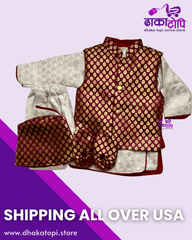 Maroon and White Traditional Baby Pasni Set – Kurta, Vest, Topi & Shoes Dhaka Topi USA