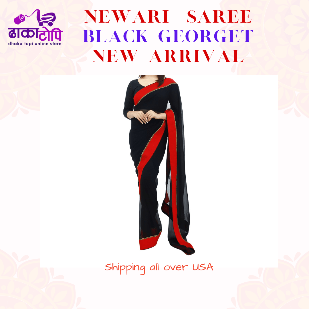 Newari Sari | Black Georget with Red Haku Patashi Border Saree For Newari Women | DhakaTopi USA Dhaka Topi USA