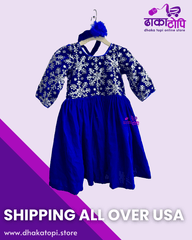 Royal Blue Pasni Dress for Baby Girls – Elegant Embroidered Frock with Headband Dhaka Topi USA