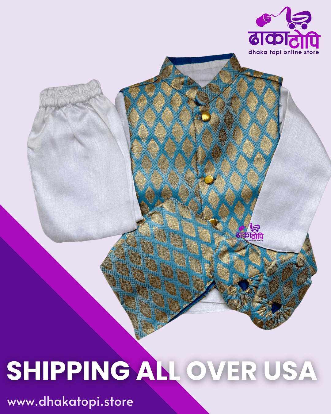 Traditional Blue and Gold Pasni Set for Baby Boys – Kurta, Brocade Vest & Shoes Dhaka Topi USA