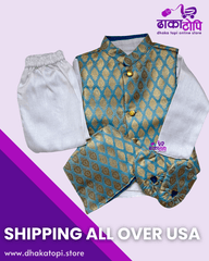 Traditional Blue and Gold Pasni Set for Baby Boys – Kurta, Brocade Vest & Shoes Dhaka Topi USA