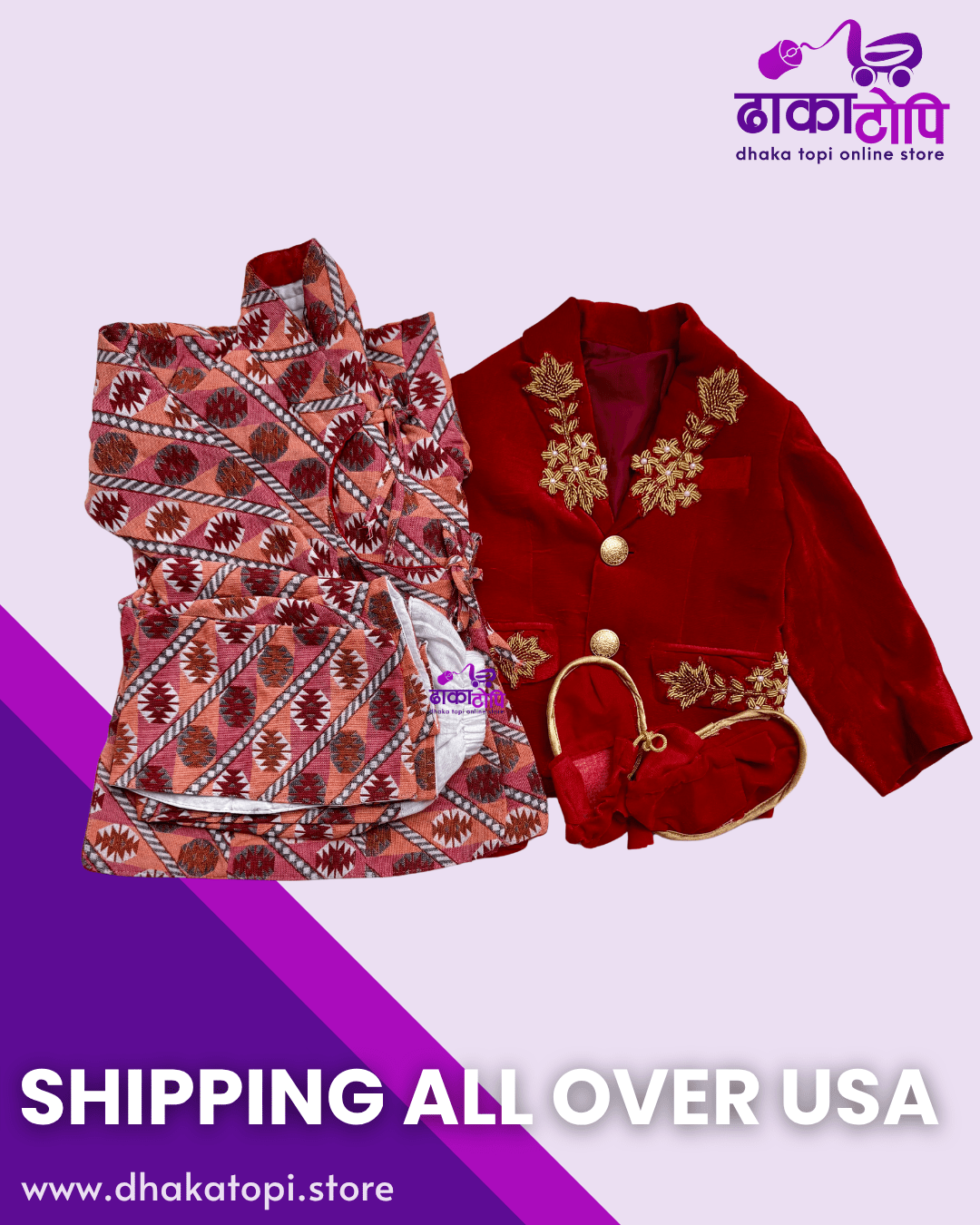 Traditional Nepali Baby Boy Pasni Set – Dhaka Daura Suruwal with Embroidered Red Coat Dhaka Topi USA