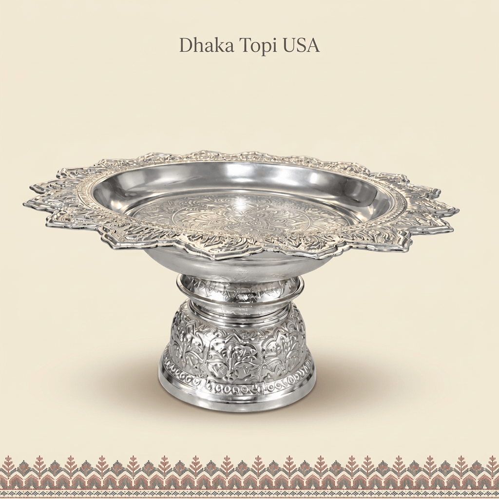 Decorative Silver-Tone Puja Pedestal Tika Thali - Medium Dhaka Topi USA