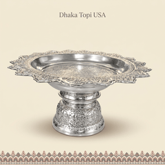 Decorative Silver-Tone Puja Pedestal Tika Thali - Medium Dhaka Topi USA