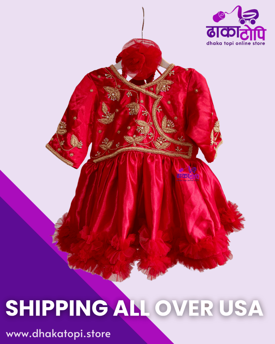 Designer Red Baby Girl Pasni Dress – Layered Embroidered Frock with Floral Details Dhaka Topi USA