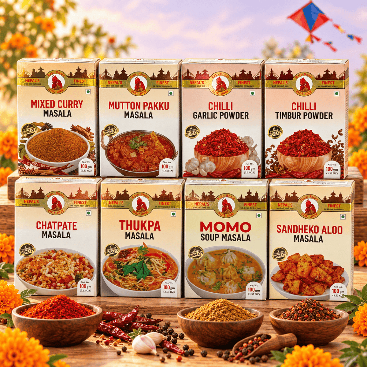 Rato Bhale Masala Combo – 8 Essential Nepali Spice Blends Dhaka Topi USA